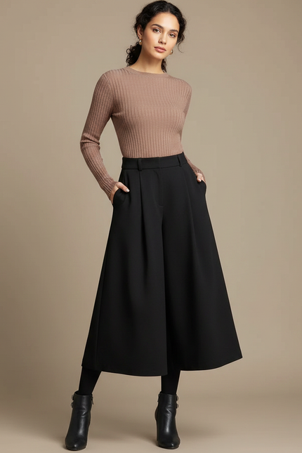Pantalon Noir Ample Taille Haute Élégant Fluide - Polyester