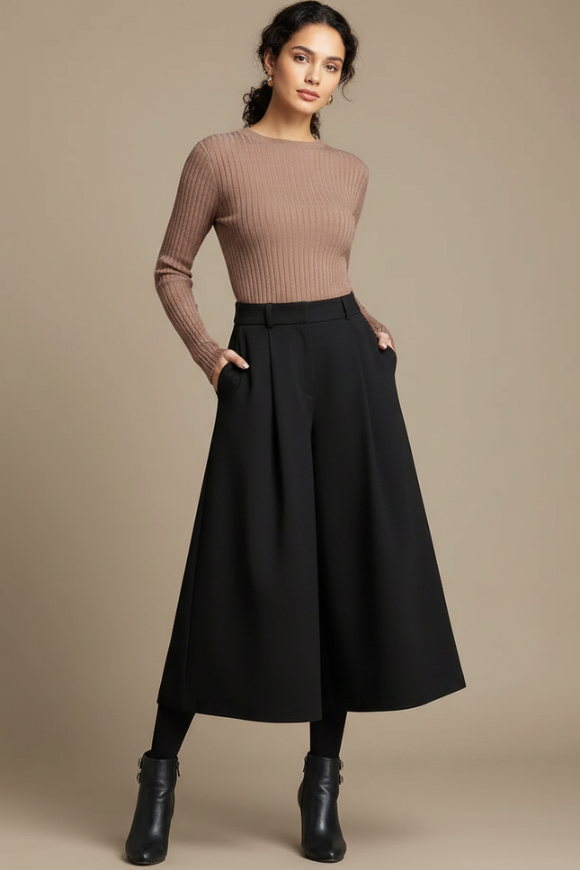 Pantalon Noir Ample Taille Haute Élégant Fluide - Polyester