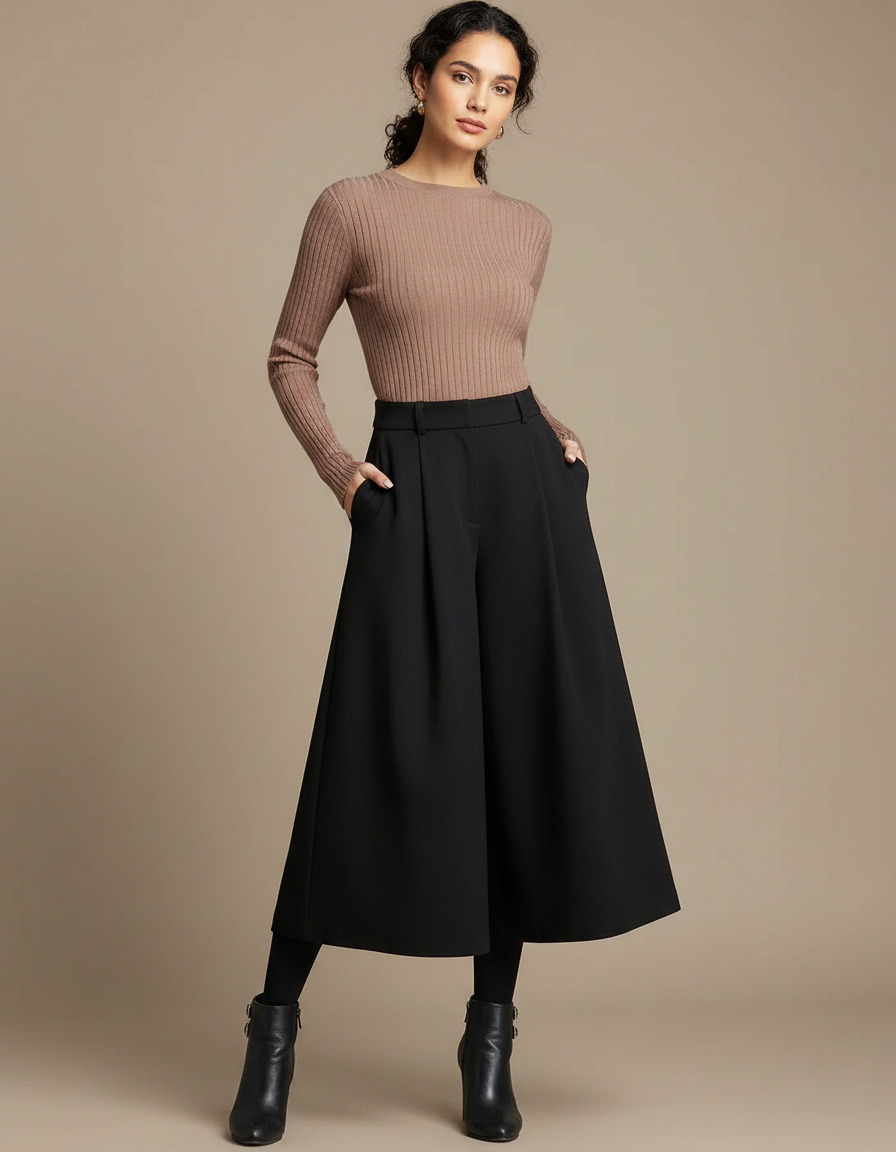 Pantalon Noir Ample Taille Haute Élégant Fluide - Polyester