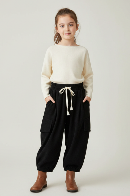 Pantalon Noir Côtelé Ample Cargo Enfant - Cordé
