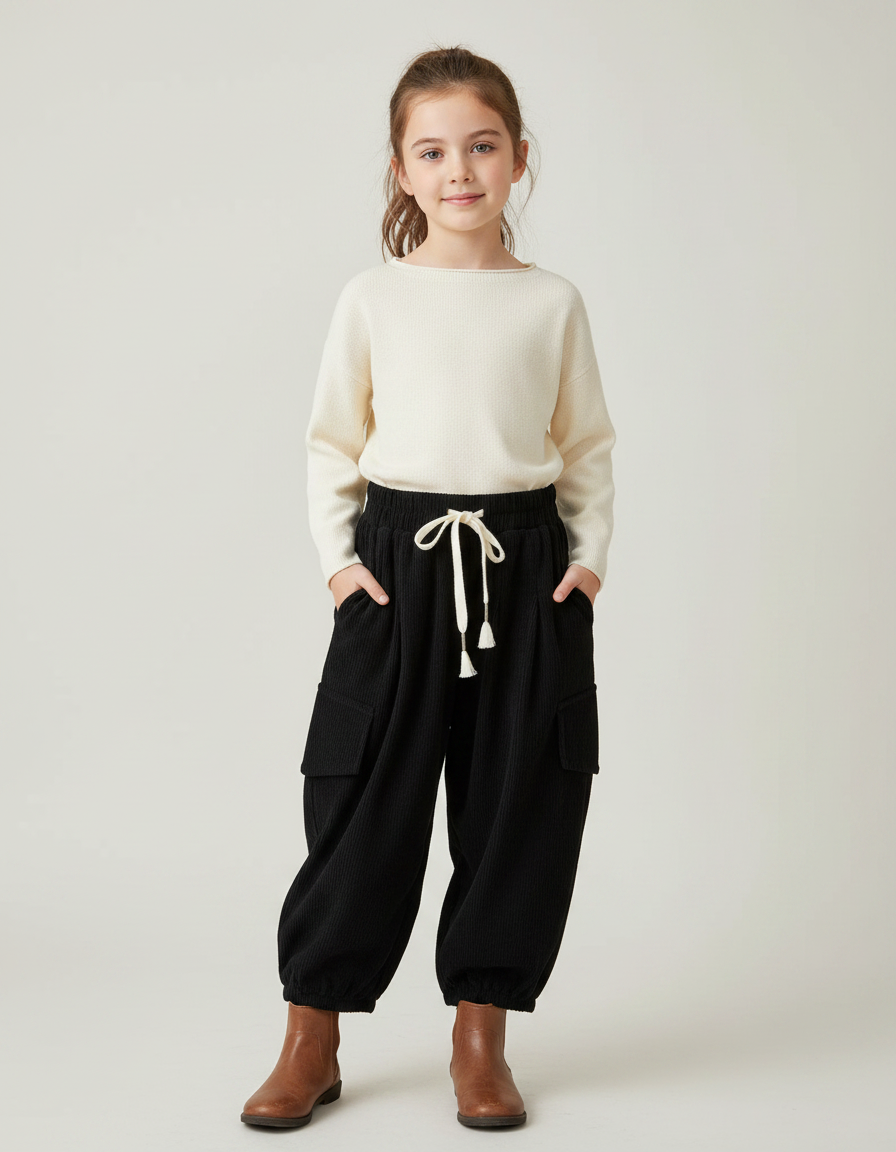 Pantalon Noir Côtelé Ample Cargo Enfant - Cordé