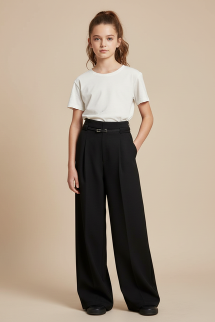 Pantalon Noir Ample Fluide Taille Haute Élégant - Polyester