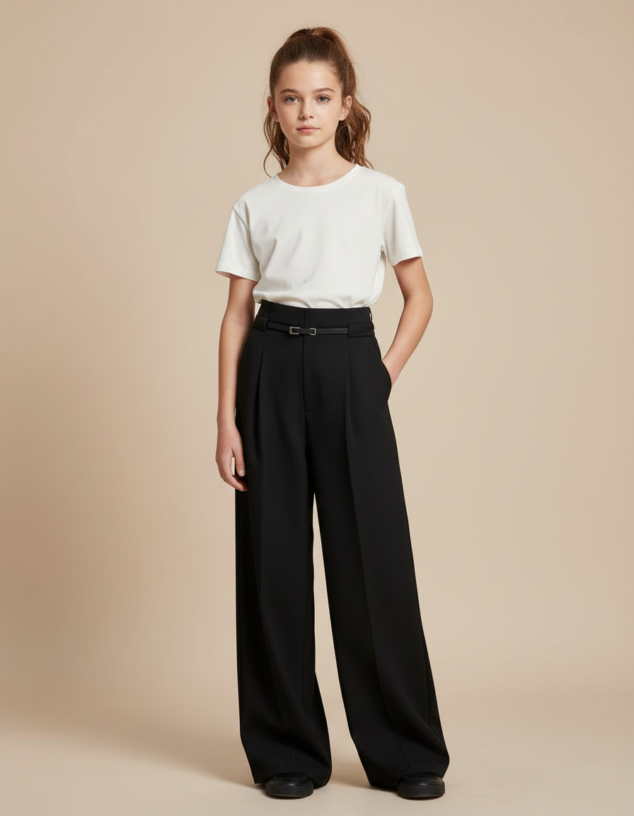 Pantalon Noir Ample Fluide Taille Haute Élégant - Polyester