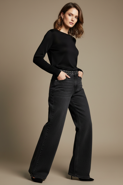 Pantalon Noir Large Denim Taille Haute Femme - Jean