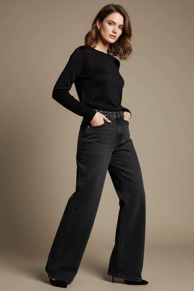 Pantalon Noir Large Denim Taille Haute Femme - Jean