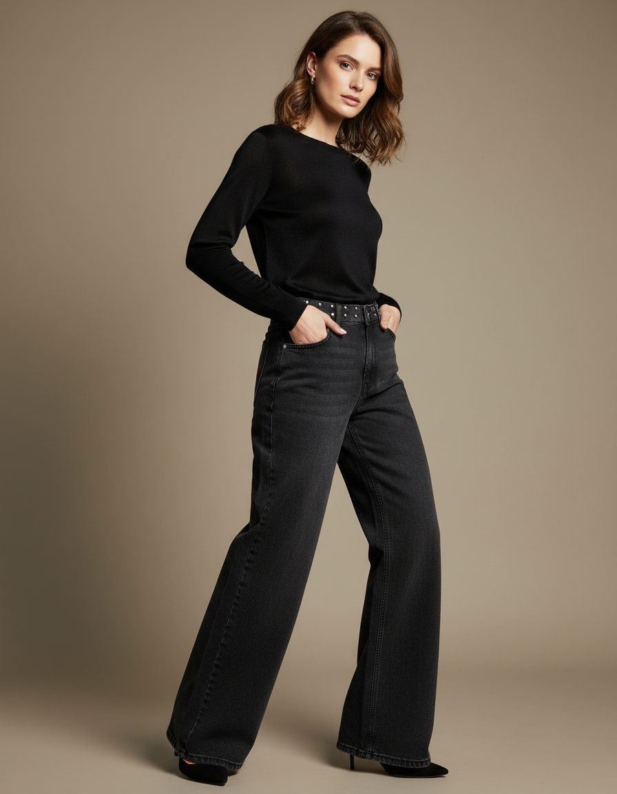 Pantalon Noir Large Denim Taille Haute Femme - Jean