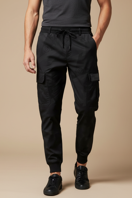 Pantalon Noir Cargo Homme, Jogger, Motif Ton-sur-ton, Sportif - Polyester