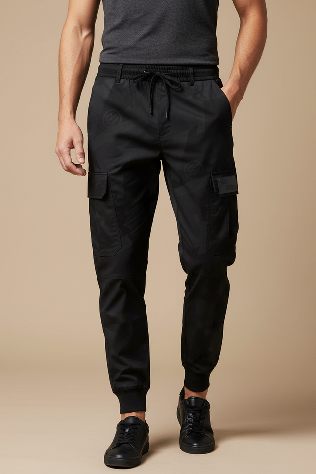 Pantalon Noir Cargo Homme, Jogger, Motif Ton-sur-ton, Sportif - Polyester