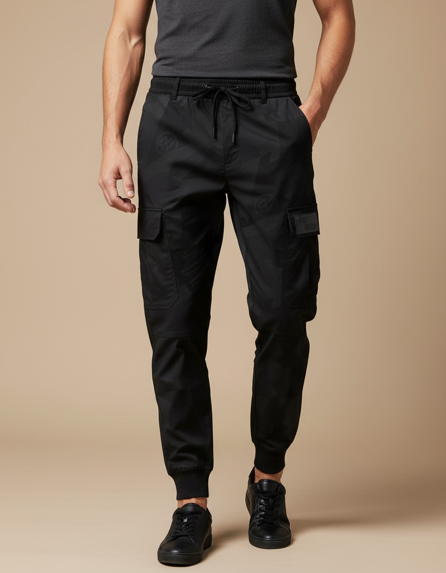 Pantalon Noir Cargo Homme, Jogger, Motif Ton-sur-ton, Sportif - Polyester