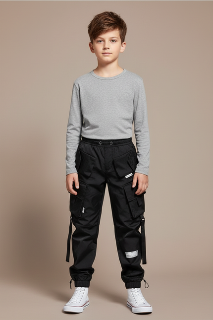 Pantalon Noir Cargo Garçon Poches Multiples Streetwear - Polyester