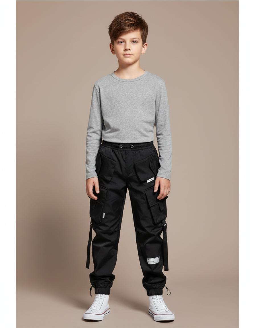 Pantalon Noir Cargo Garçon Poches Multiples Streetwear - Polyester