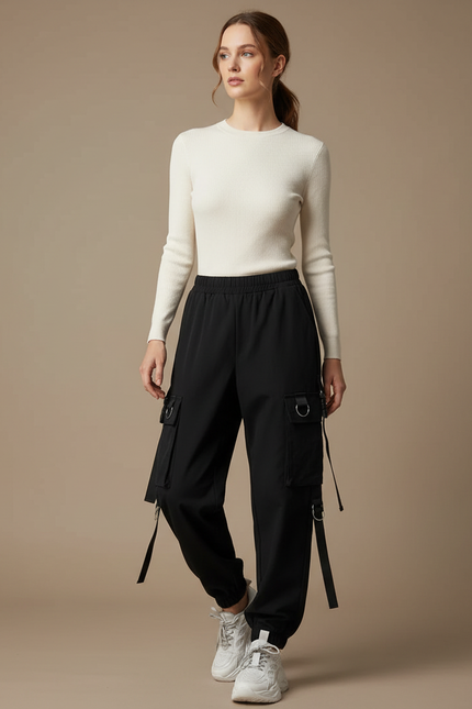 Pantalon Noir Cargo Femme Ample Streetwear Décontracté - Polyester