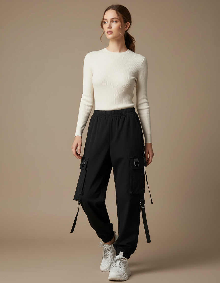 Pantalon Noir Cargo Femme Ample Streetwear Décontracté - Polyester