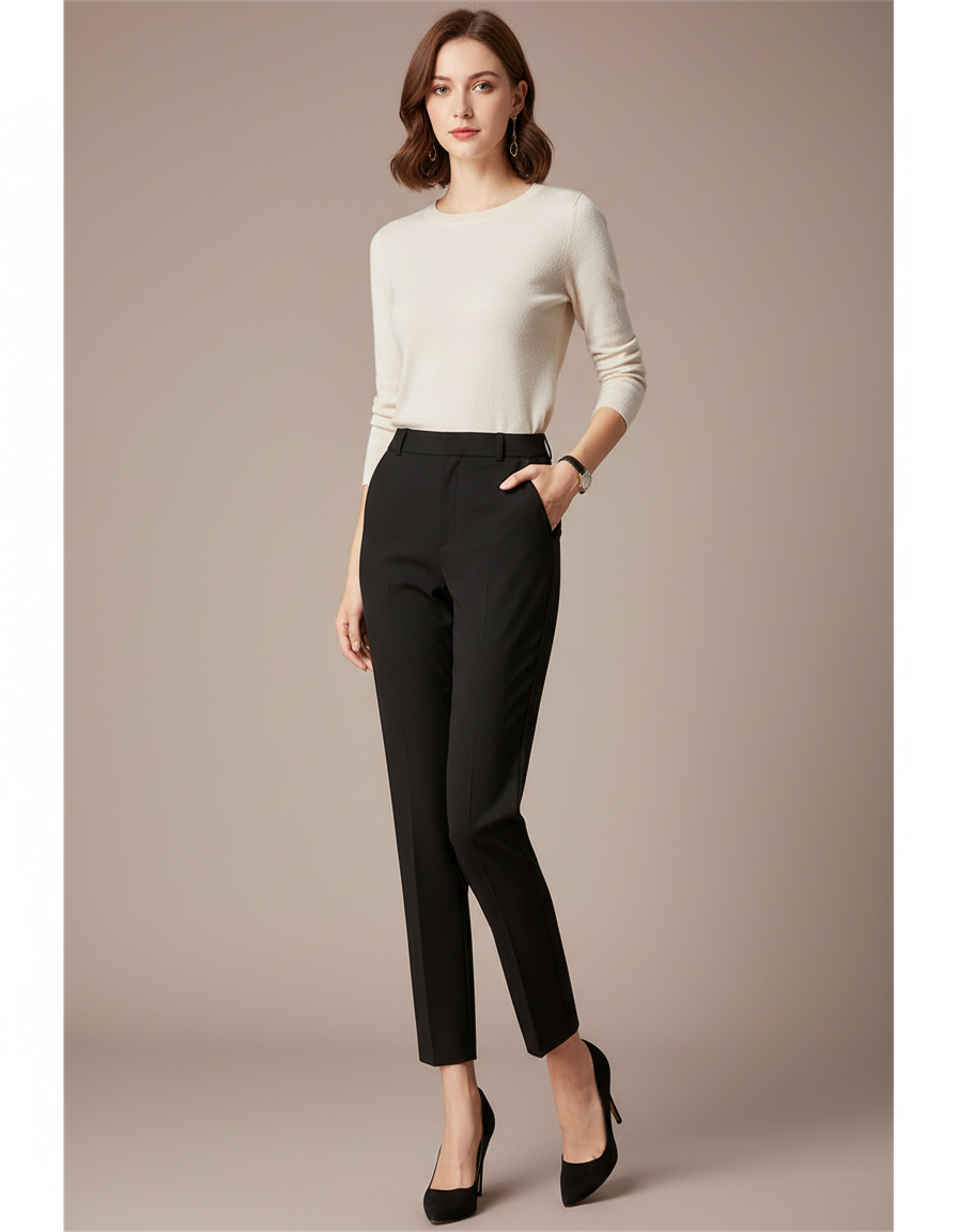 Pantalon Noir Taille Haute Droit Élégant Femme - Gabardine