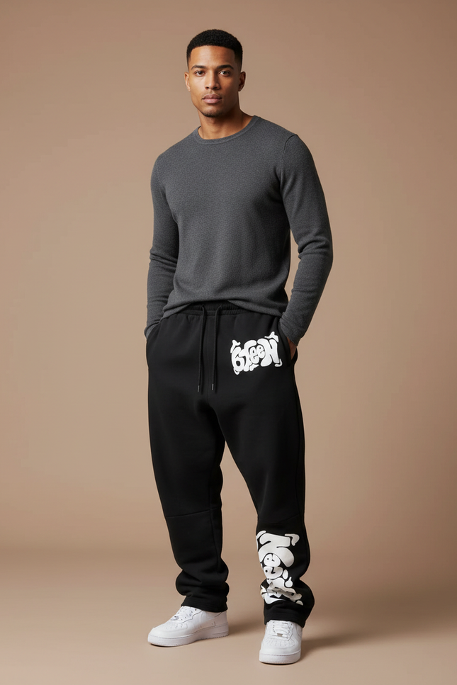Pantalon Noir Imprimé Graphique Ample Décontracté Homme - Molleton