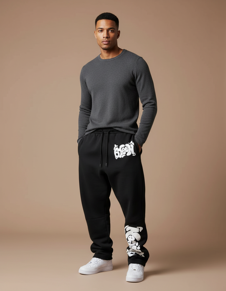 Pantalon Noir Imprimé Graphique Ample Décontracté Homme - Molleton