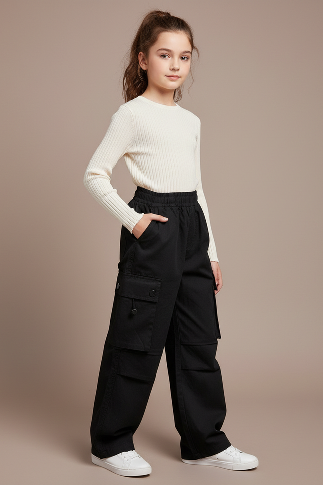 Pantalon Noir Cargo Ample Fille Décontracté - Toile
