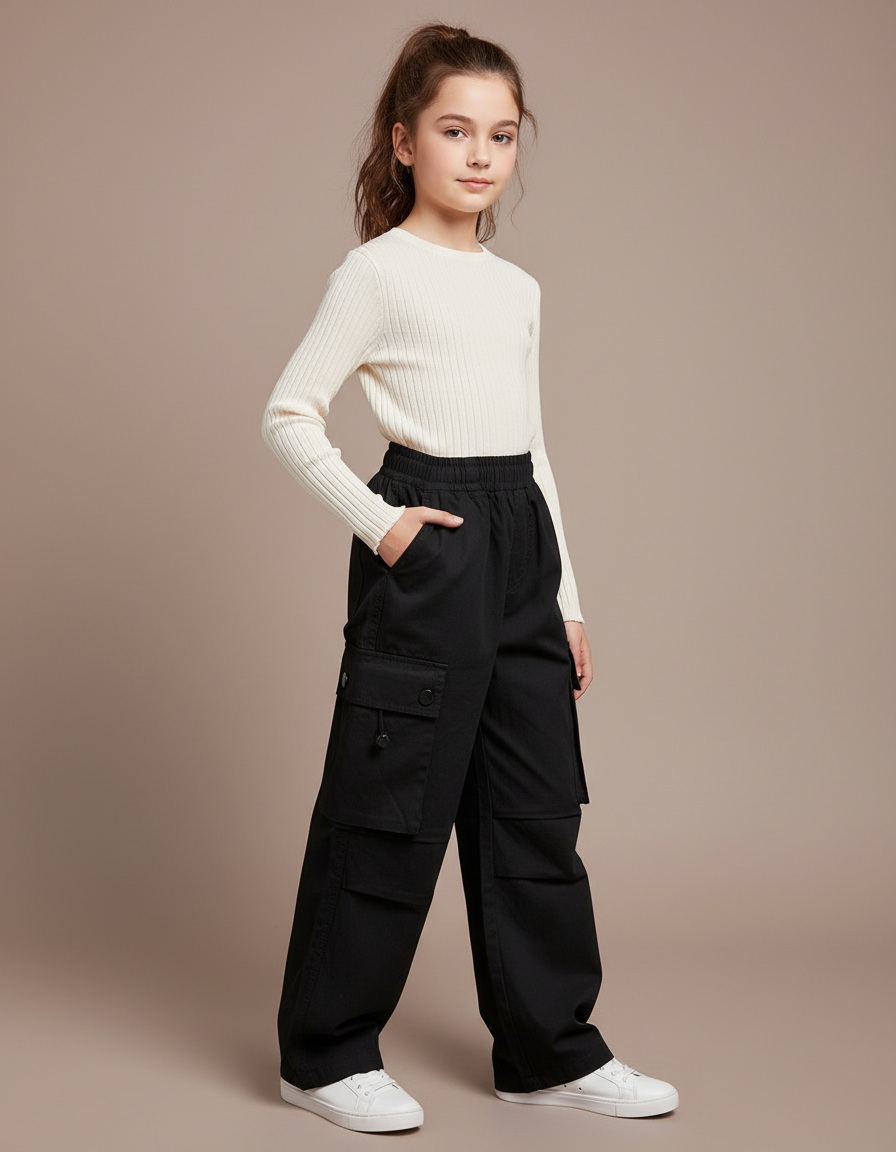 Pantalon Noir Cargo Ample Fille Décontracté - Toile