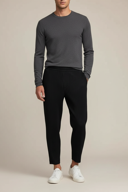 Pantalon Noir Plissé Tapered Décontracté Homme - Polyester