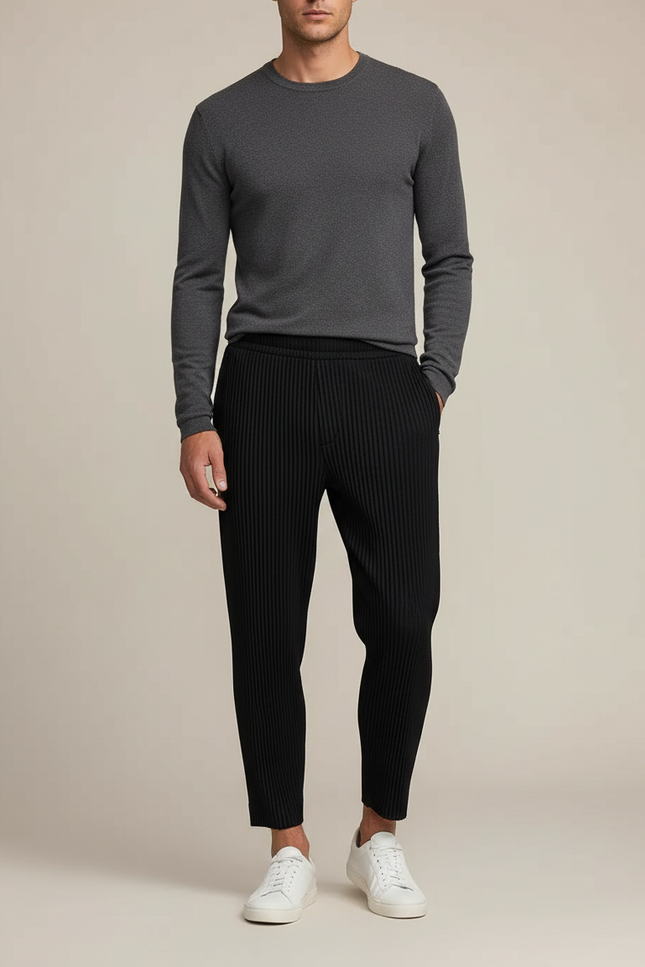 Pantalon Noir Plissé Tapered Décontracté Homme - Polyester