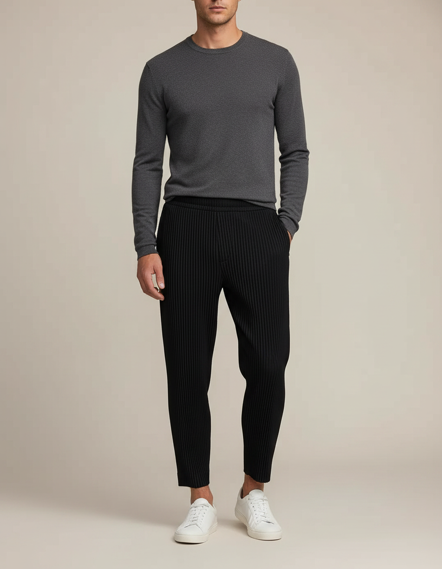 Pantalon Noir Plissé Tapered Décontracté Homme - Polyester