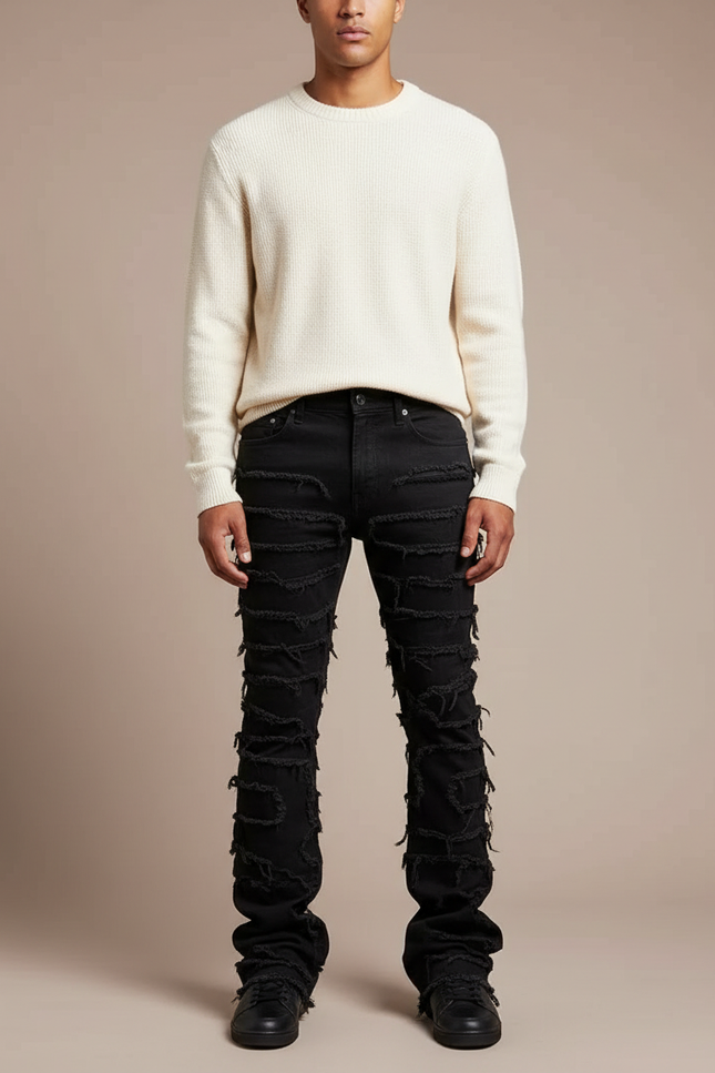 Pantalon Noir Élastique Patchwork Denim Évasé Homme - Jean