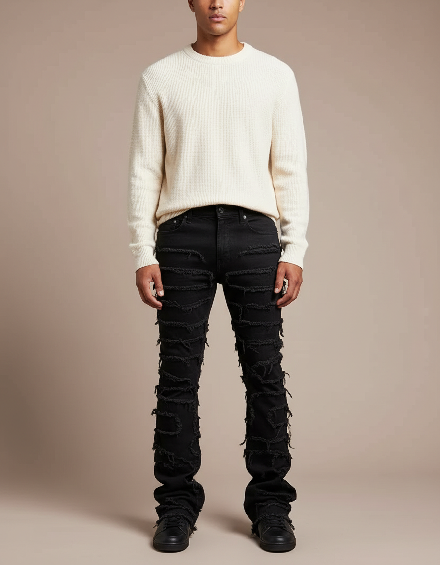 Pantalon Noir Élastique Patchwork Denim Évasé Homme - Jean