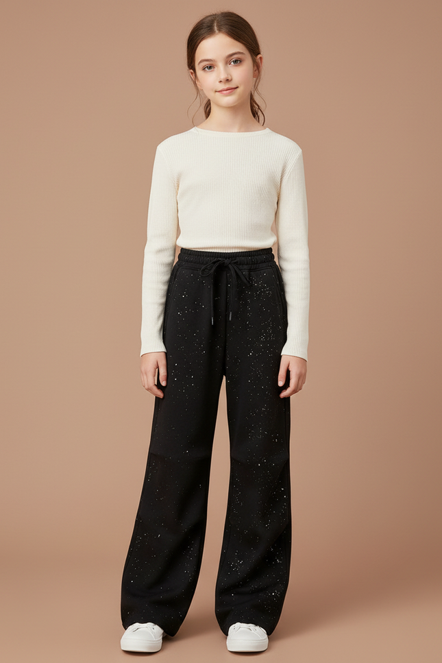 Pantalon Noir Large Paillettes Décontracté Fille - Molleton