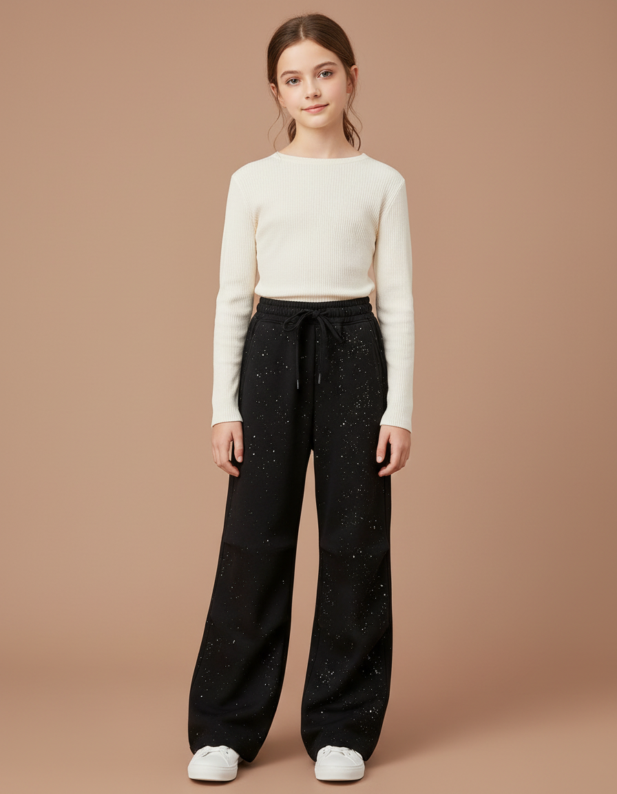 Pantalon Noir Large Paillettes Décontracté Fille - Molleton