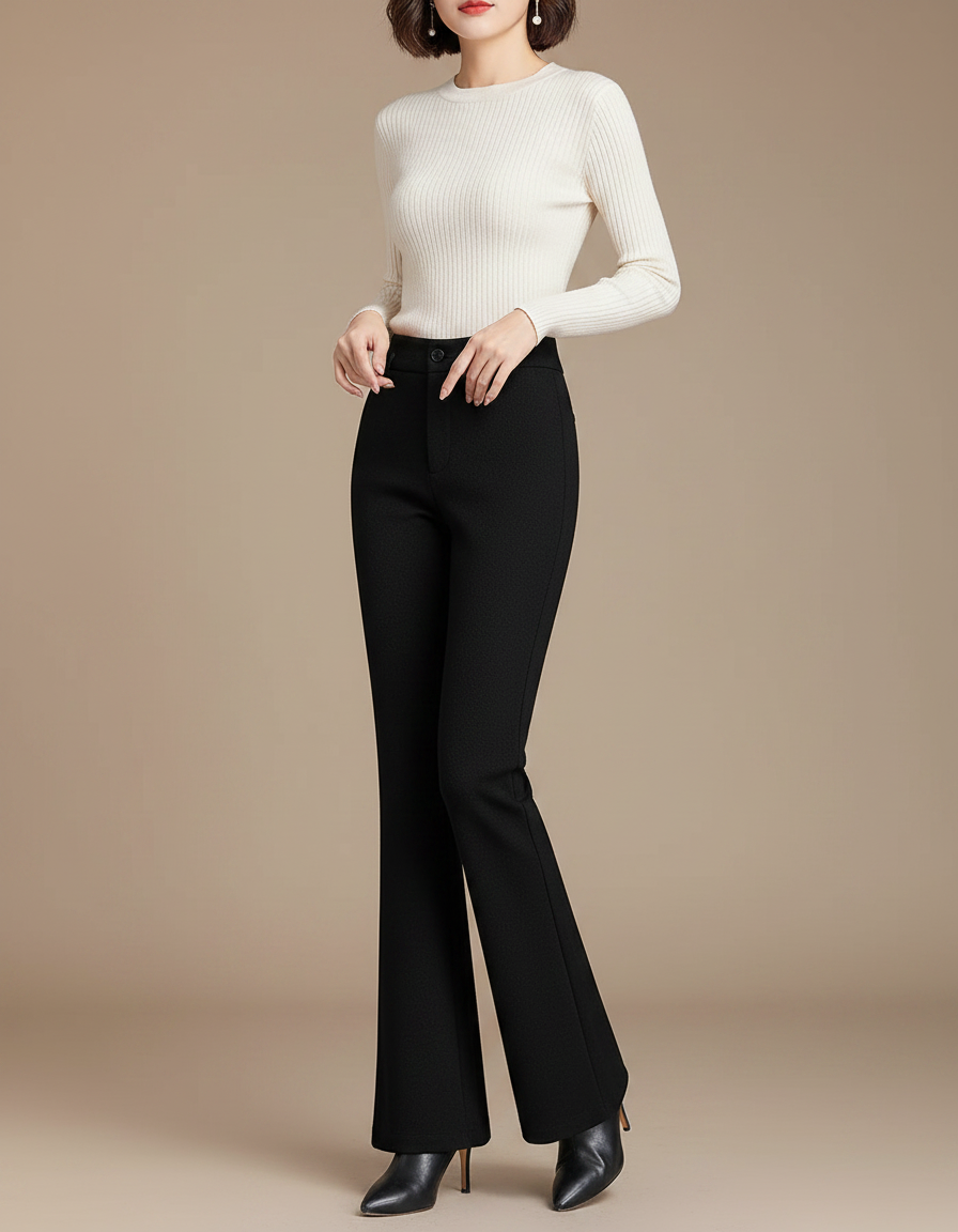 Pantalon Noir Évasé Taille Haute Élégant Décontracté Femme - Polyester