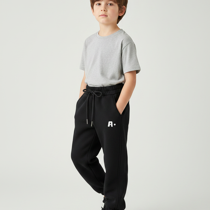 Pantalon Noir Molletonné Enfant Décontracté Sport Logo A.