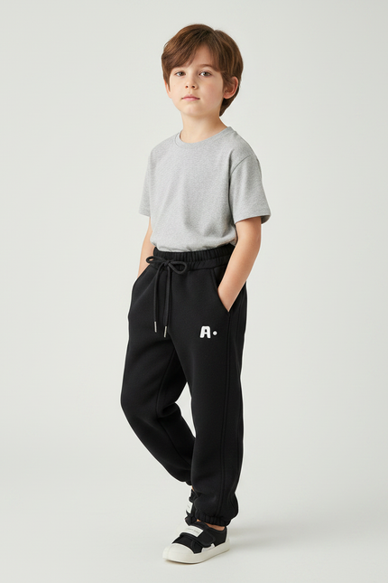 Pantalon Noir Molletonné Enfant Décontracté Sport Logo A.