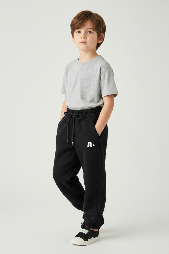 Pantalon Noir Molletonné Enfant Décontracté Sport Logo A.