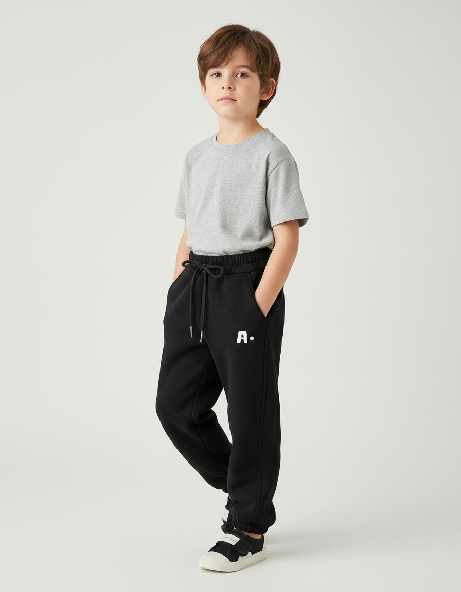Pantalon Noir Molletonné Enfant Décontracté Sport Logo A.