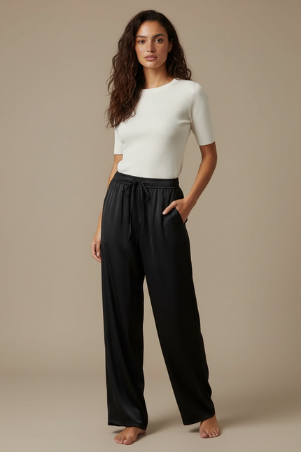 Pantalon Noir Satin Fluide Large Élégant Femme