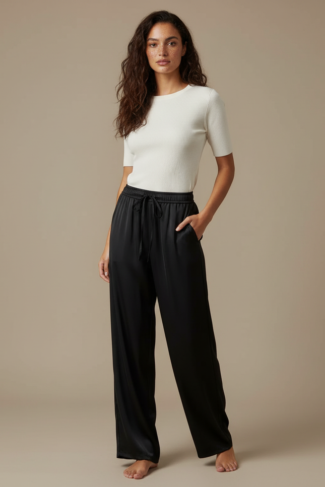 Pantalon Noir Satin Fluide Large Élégant Femme