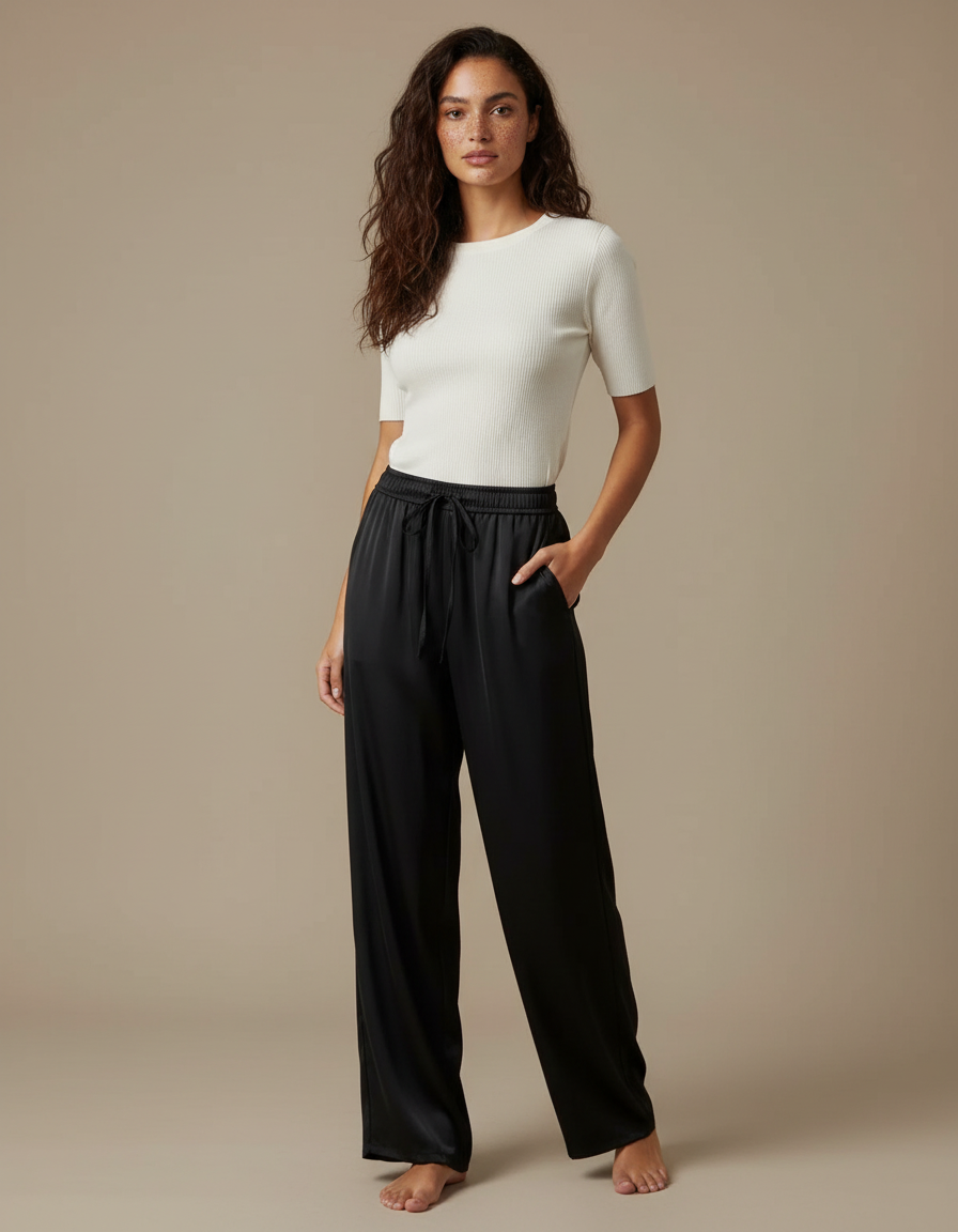 Pantalon Noir Satin Fluide Large Élégant Femme