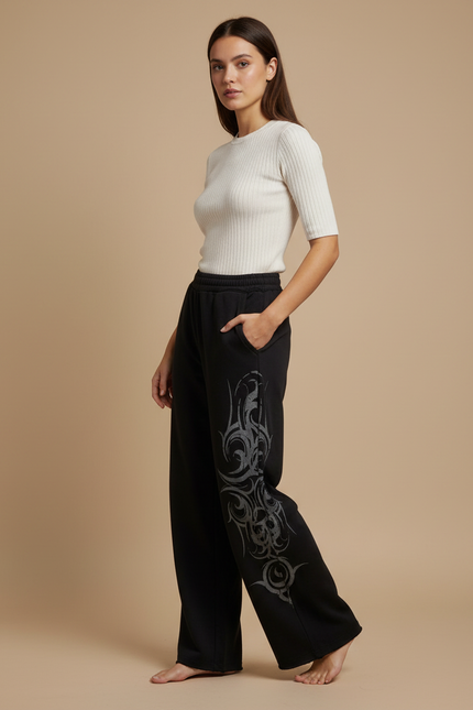 Pantalon Noir Ample Graffiti Tribal Streetwear Femme - Molleton
