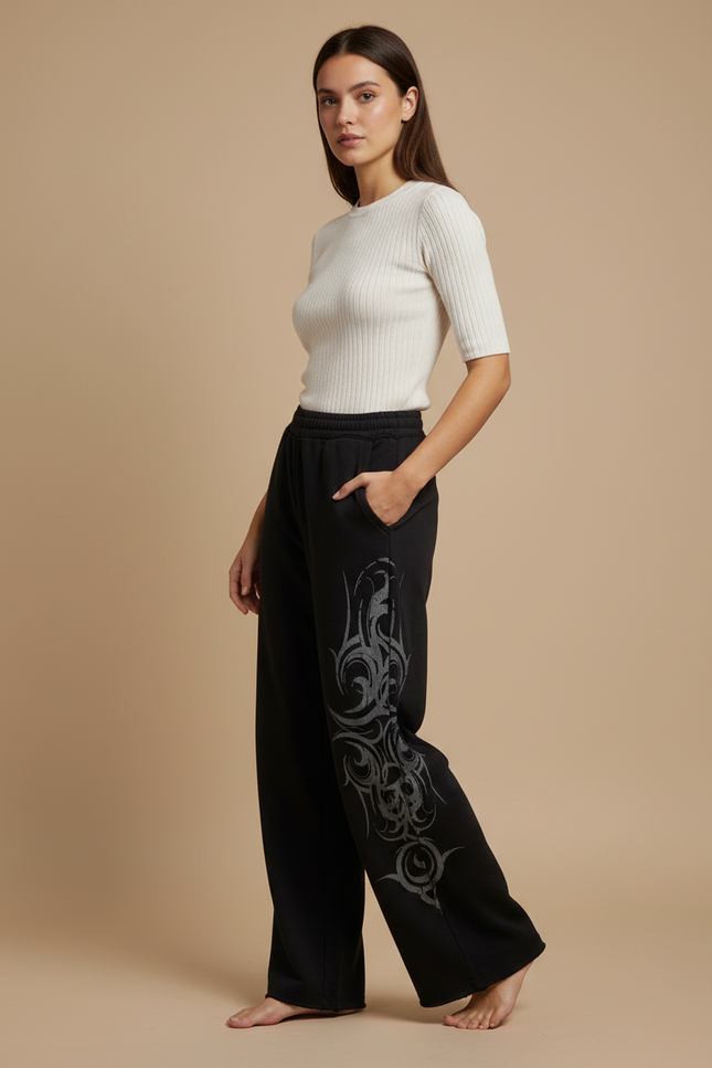 Pantalon Noir Ample Graffiti Tribal Streetwear Femme - Molleton