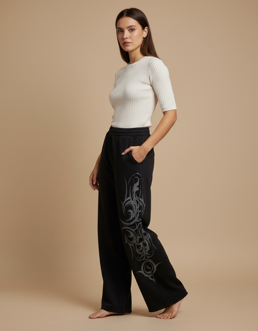 Pantalon Noir Ample Graffiti Tribal Streetwear Femme - Molleton