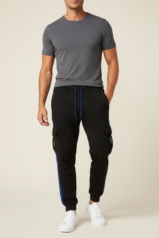 Pantalon Noir Cargo Jogging Sportif Rayure Bleu - Molleton