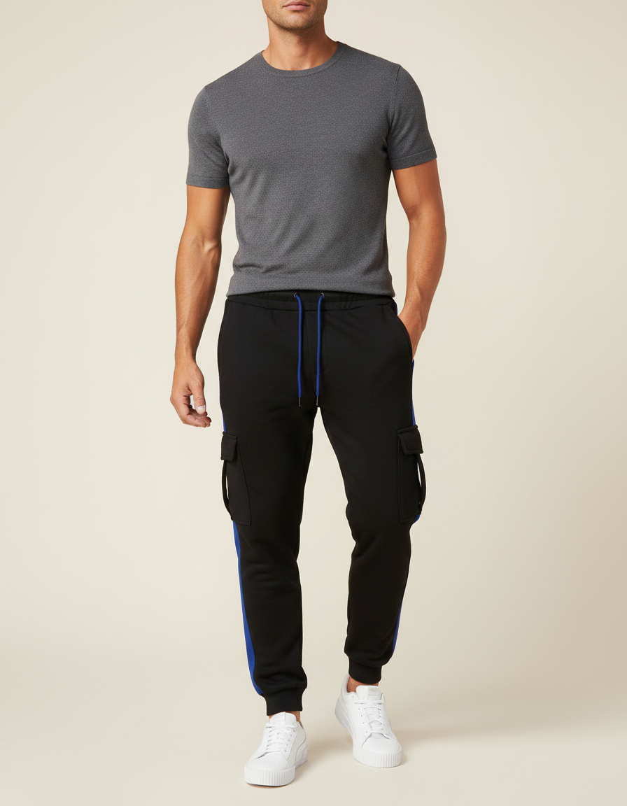 Pantalon Noir Cargo Jogging Sportif Rayure Bleu - Molleton