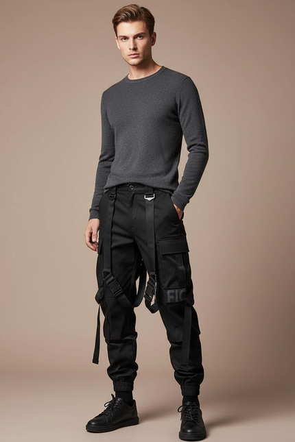 Pantalon Noir Cargo Streetwear Ample Sangles Homme - Toile