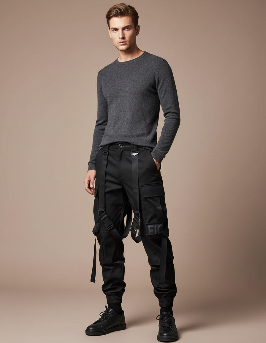 Pantalon Noir Cargo Streetwear Ample Sangles Homme - Toile
