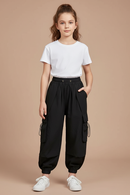 Pantalon Noir Cargo Ample Poches Streetwear Fille - Polyester