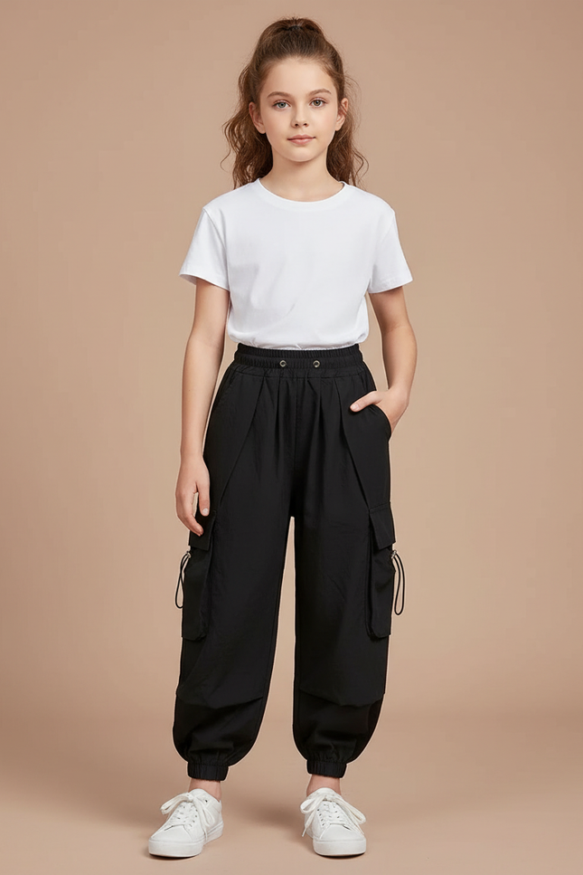 Pantalon Noir Cargo Ample Poches Streetwear Fille - Polyester
