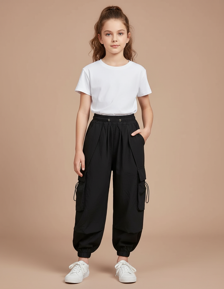 Pantalon Noir Cargo Ample Poches Streetwear Fille - Polyester