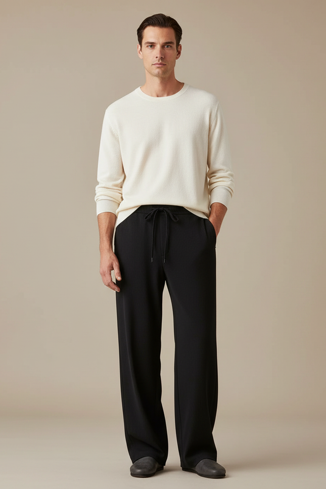 Pantalon Noir Ample Confortable Plissé Fluide - Maille