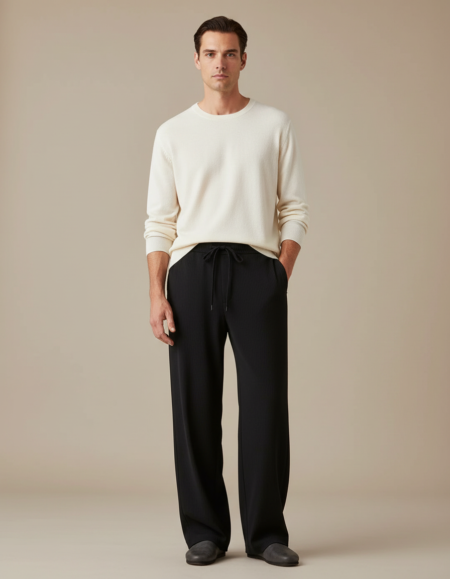 Pantalon Noir Ample Confortable Plissé Fluide - Maille