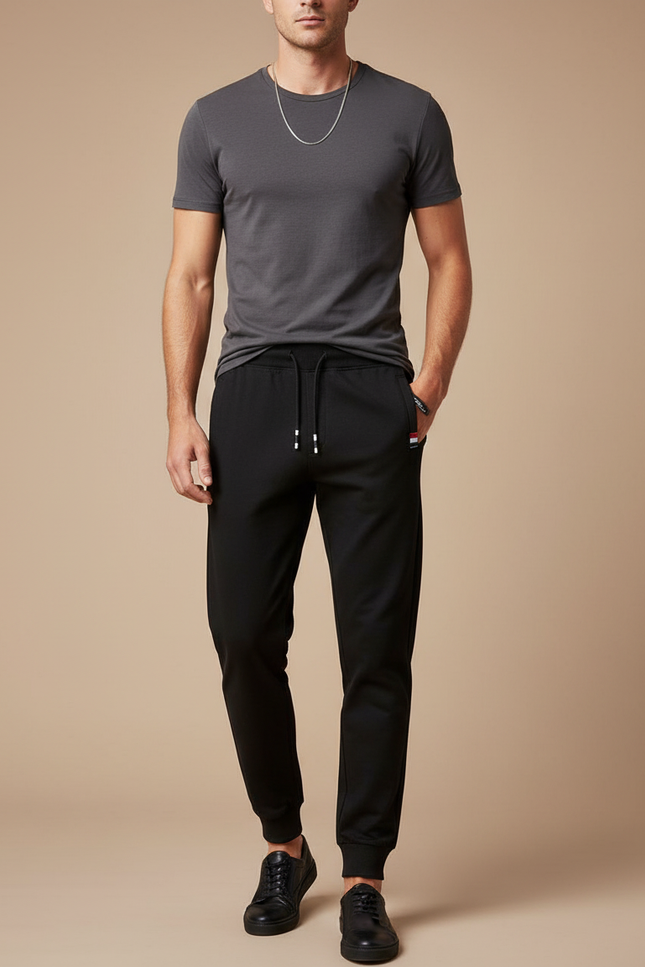 Pantalon Noir Jogger Cordon Sportif Homme Coton - Molleton